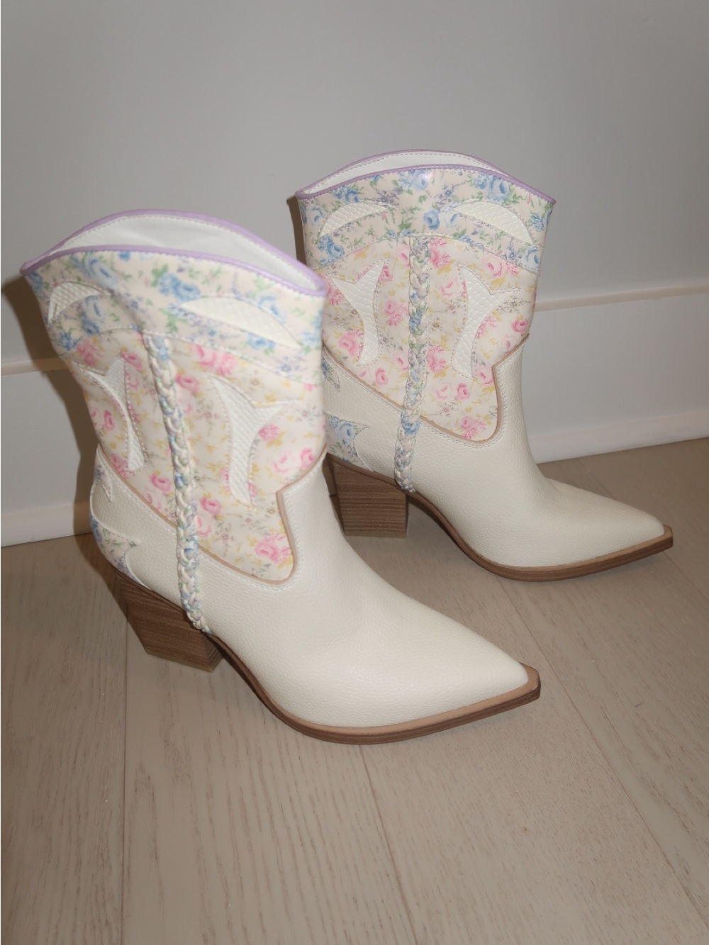 Altar'd State White Floral Western Ankle Boots with Pastel Accents